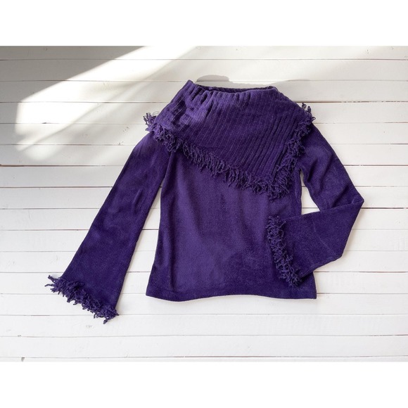 Sweaters - purple chenille sweater 90s y2k vintage bell sleeve shawl collar fringed sweater